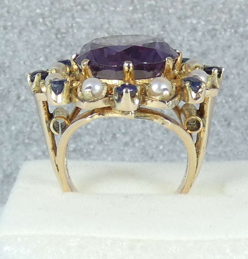 Solid 9ct Yellow Gold Alexandrite Pearl Amethyst Cluster Cocktail Ring 5.5 K 50
