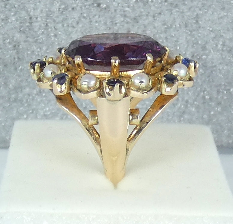 Solid 9ct Yellow Gold Alexandrite Pearl Amethyst Cluster Cocktail Ring 5.5 K 50