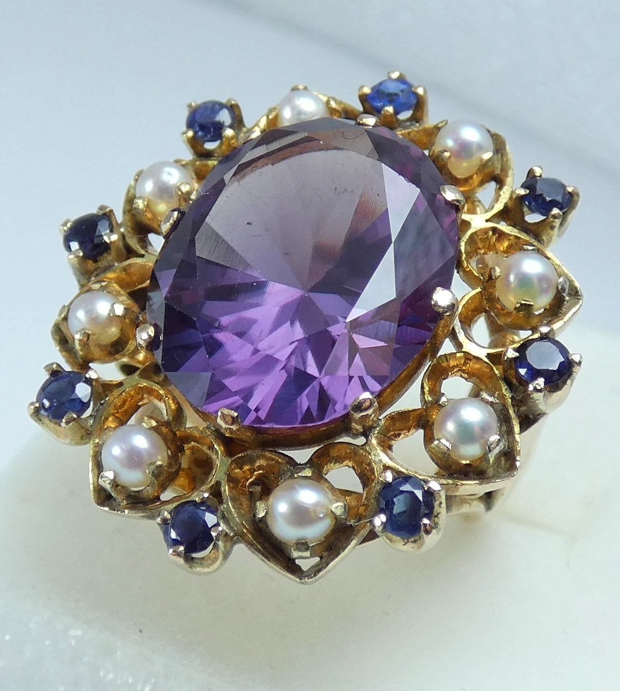 Solid 9ct Yellow Gold Alexandrite Pearl Amethyst Cluster Cocktail Ring 5.5 K 50