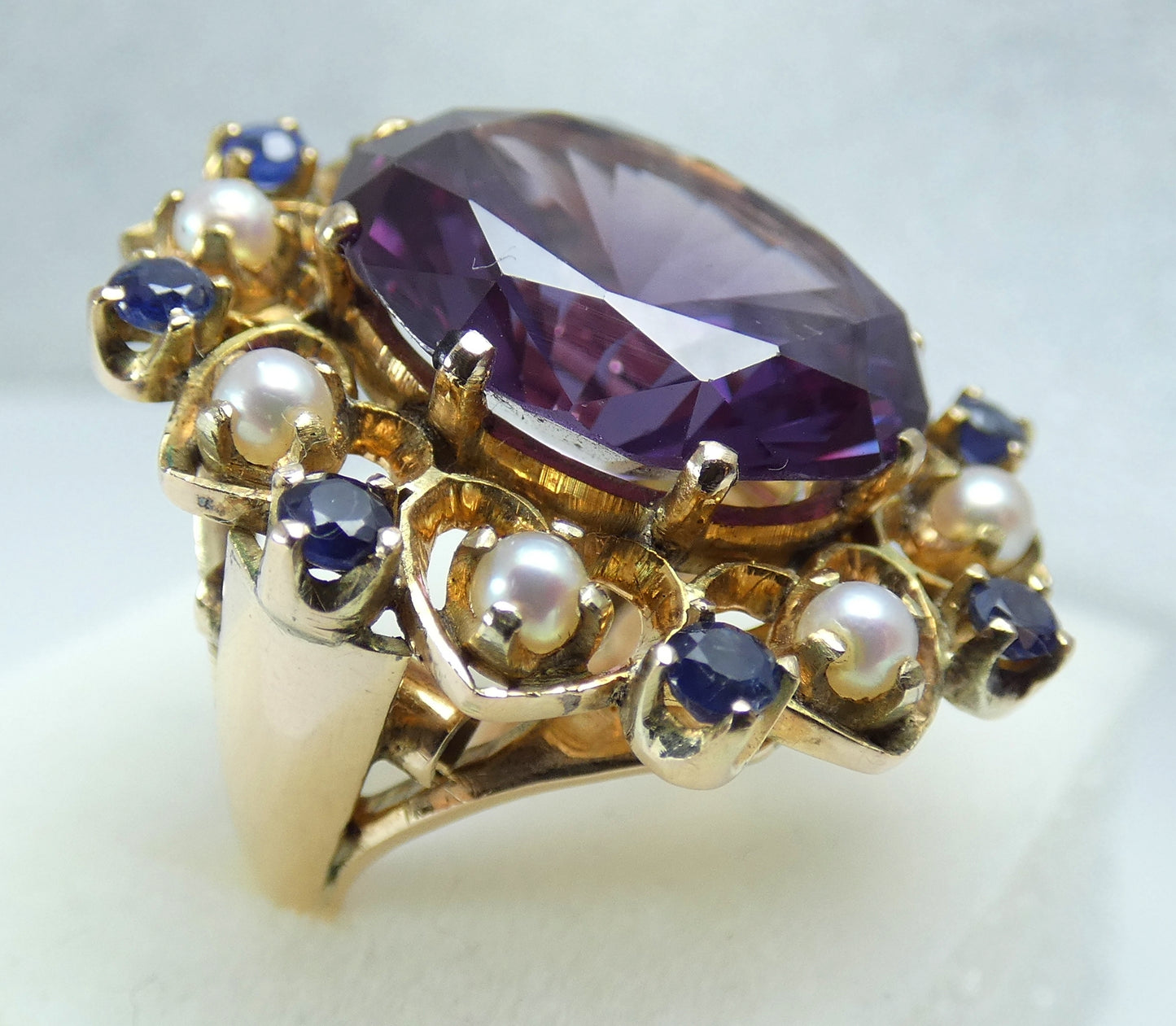 Solid 9ct Yellow Gold Alexandrite Pearl Amethyst Cluster Cocktail Ring 5.5 K 50