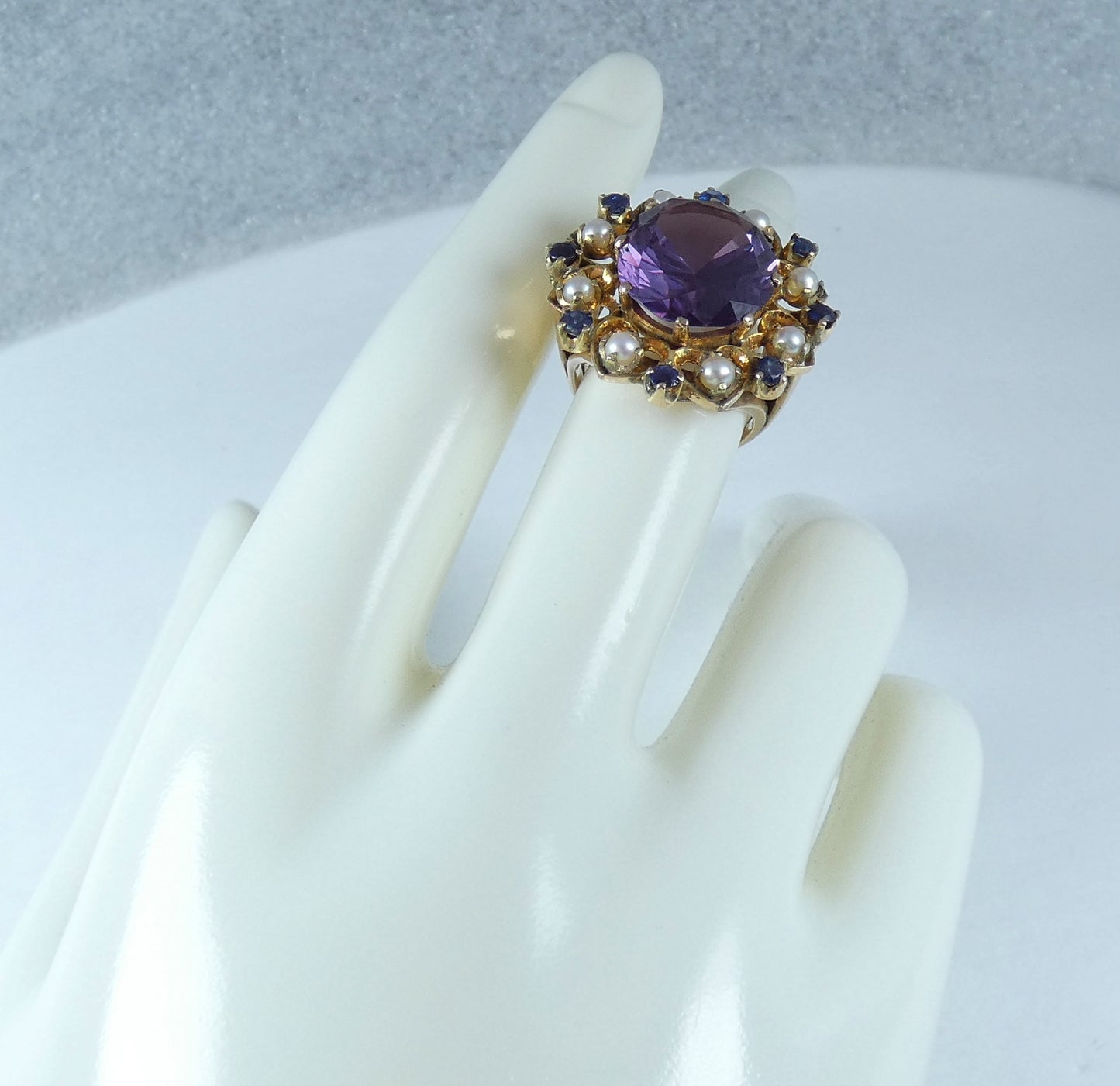Solid 9ct Yellow Gold Alexandrite Pearl Amethyst Cluster Cocktail Ring 5.5 K 50