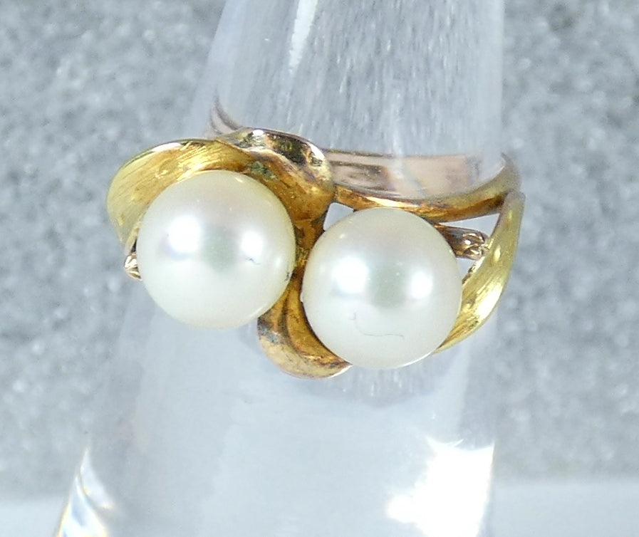 Vintage Solid 9ct Yellow Gold 6.5mm Twin Cultured Pearl Dress Ring Size 6.5 M 52