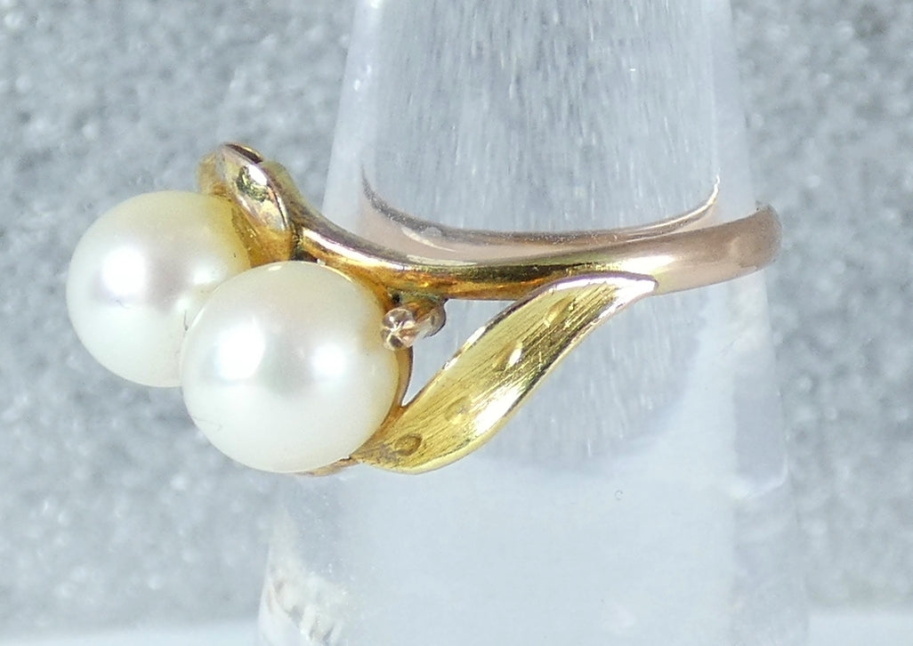 Vintage Solid 9ct Yellow Gold 6.5mm Twin Cultured Pearl Dress Ring Size 6.5 M 52