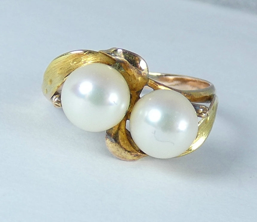 Vintage Solid 9ct Yellow Gold 6.5mm Twin Cultured Pearl Dress Ring Size 6.5 M 52