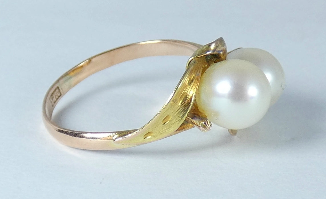 Vintage Solid 9ct Yellow Gold 6.5mm Twin Cultured Pearl Dress Ring Size 6.5 M 52
