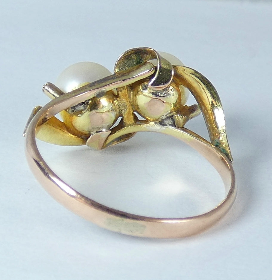 Vintage Solid 9ct Yellow Gold 6.5mm Twin Cultured Pearl Dress Ring Size 6.5 M 52