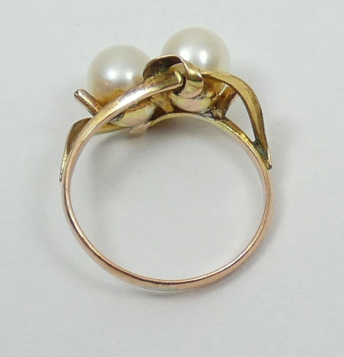 Vintage Solid 9ct Yellow Gold 6.5mm Twin Cultured Pearl Dress Ring Size 6.5 M 52