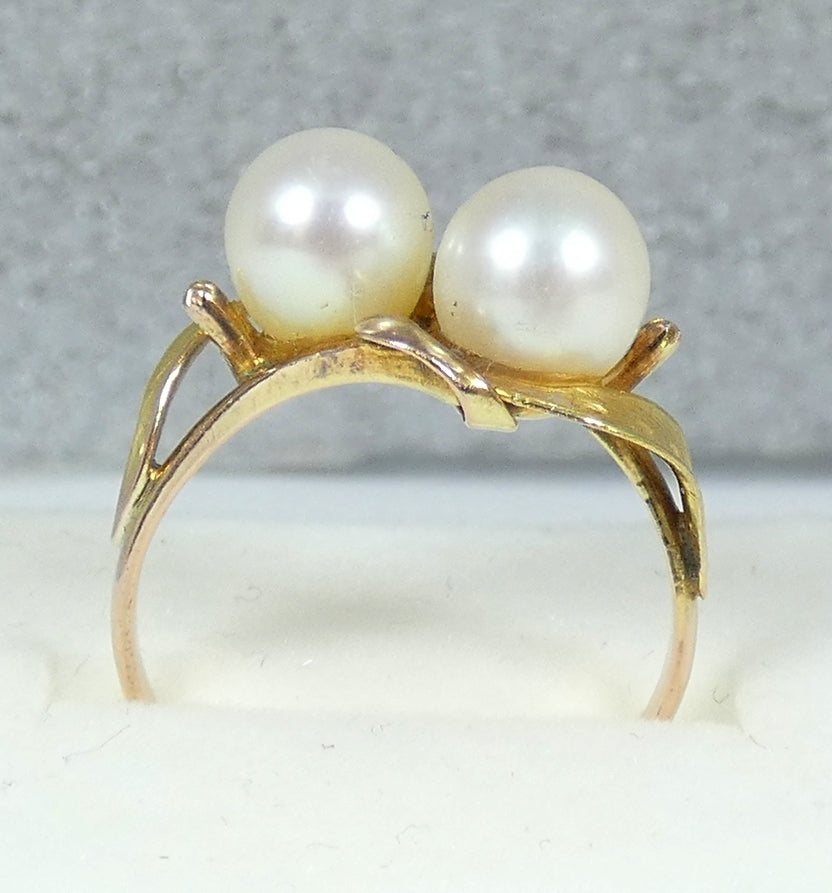 Vintage Solid 9ct Yellow Gold 6.5mm Twin Cultured Pearl Dress Ring Size 6.5 M 52