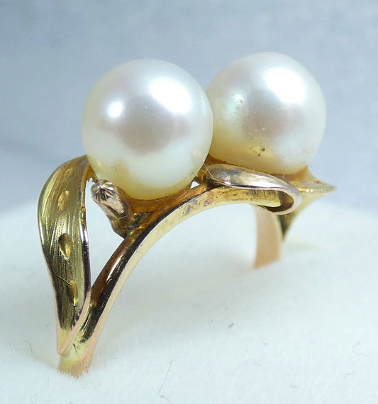 Vintage Solid 9ct Yellow Gold 6.5mm Twin Cultured Pearl Dress Ring Size 6.5 M 52