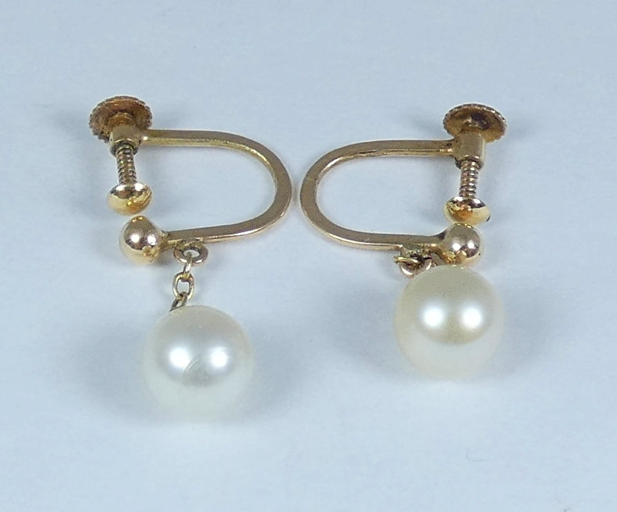 Vintage Set of Solid 9ct Yellow Gold 7mm Pearl French Screw Back Earrings Dangle