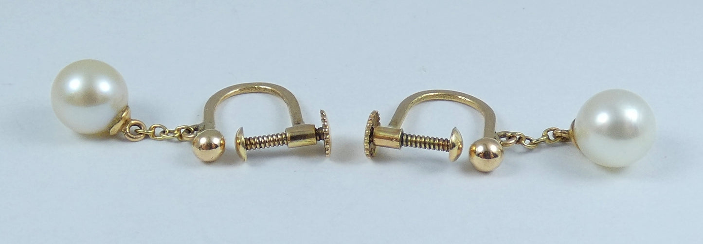 Vintage Set of Solid 9ct Yellow Gold 7mm Pearl French Screw Back Earrings Dangle