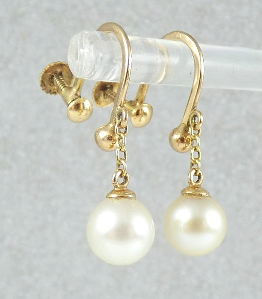 Vintage Set of Solid 9ct Yellow Gold 7mm Pearl French Screw Back Earrings Dangle