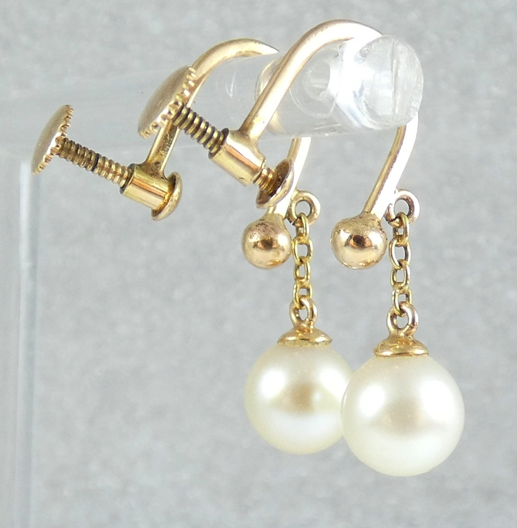 Vintage Set of Solid 9ct Yellow Gold 7mm Pearl French Screw Back Earrings Dangle