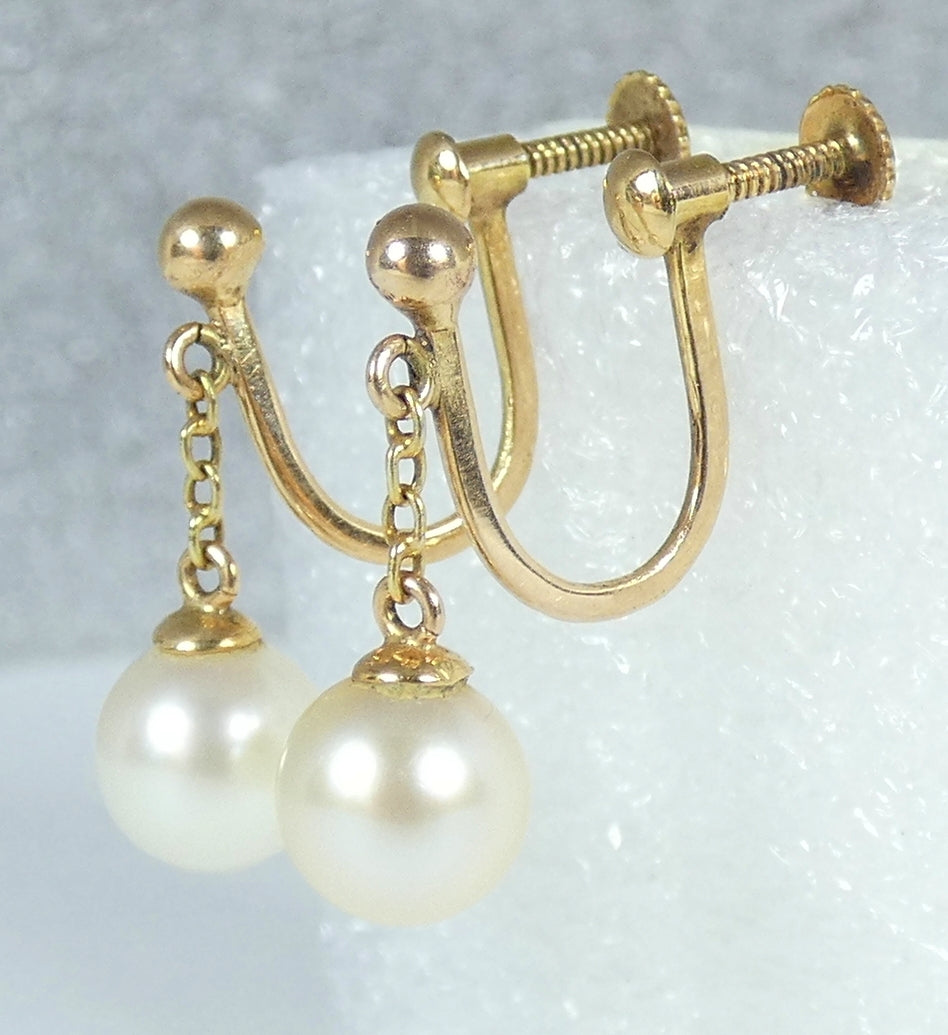 Vintage Set of Solid 9ct Yellow Gold 7mm Pearl French Screw Back Earrings Dangle