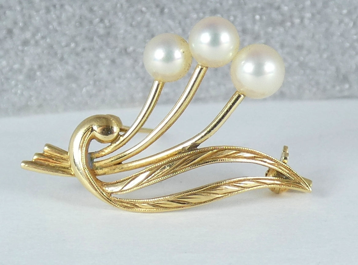 Vintage Solid 14ct Yellow Gold Mikimoto Triple Cultured Pearl Bar Brooch Pin 14k