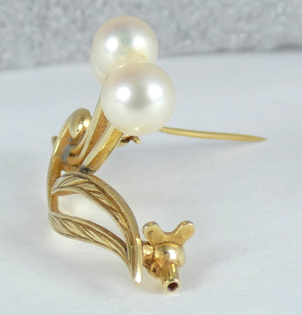 Vintage Solid 14ct Yellow Gold Mikimoto Triple Cultured Pearl Bar Brooch Pin 14k