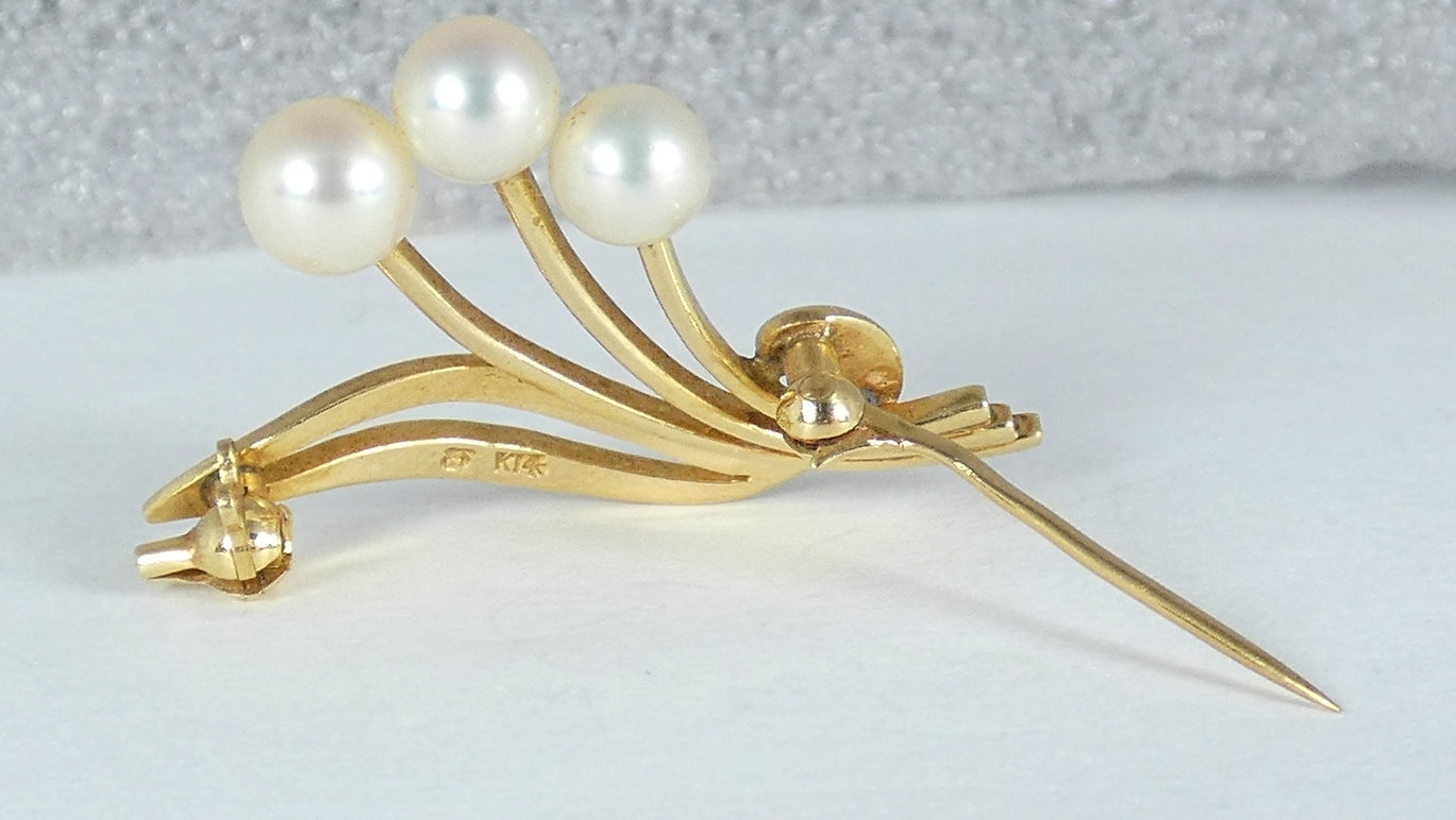 Vintage Solid 14ct Yellow Gold Mikimoto Triple Cultured Pearl Bar Brooch Pin 14k