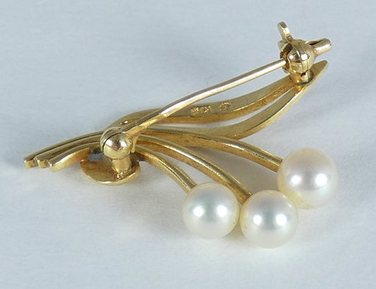 Vintage Solid 14ct Yellow Gold Mikimoto Triple Cultured Pearl Bar Brooch Pin 14k