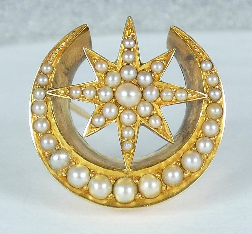 Antique Victorian 1880 Solid 9ct Yellow Gold Pearl Star Crescent Moon Brooch Pin