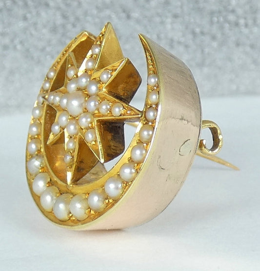 Antique Victorian 1880 Solid 9ct Yellow Gold Pearl Star Crescent Moon Brooch Pin