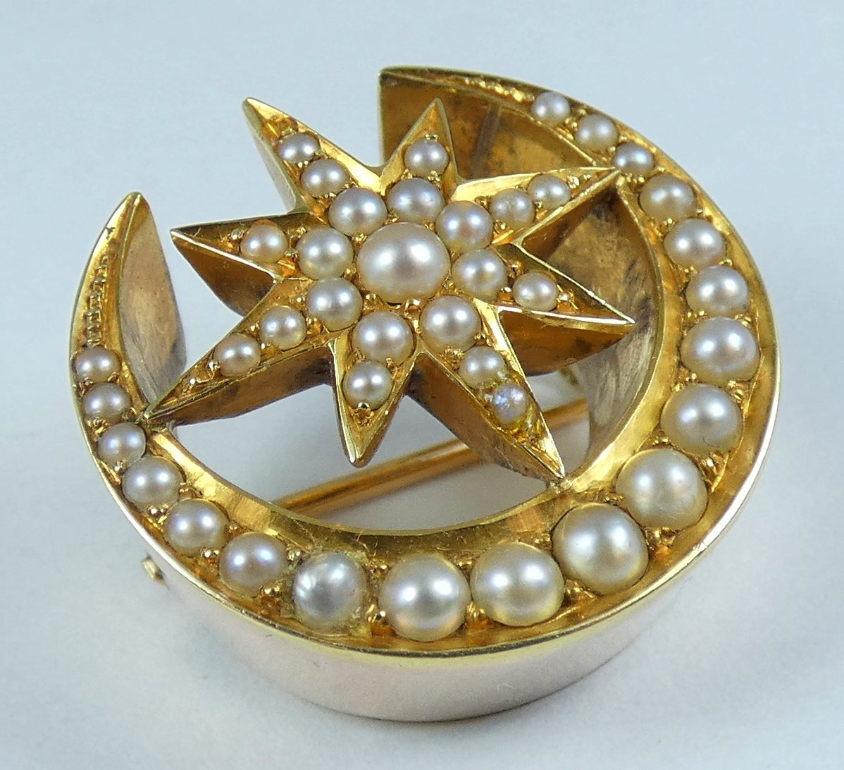 Antique Victorian 1880 Solid 9ct Yellow Gold Pearl Star Crescent Moon Brooch Pin