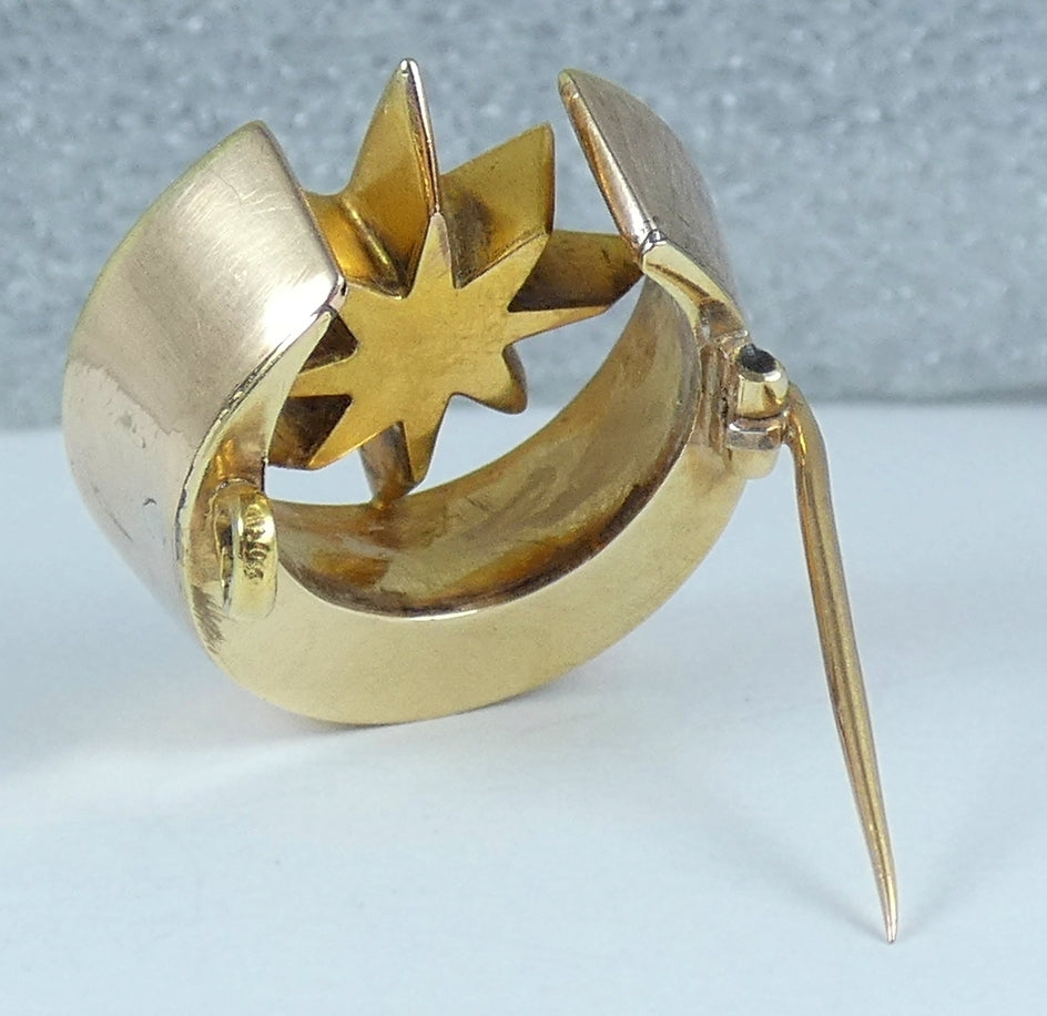 Antique Victorian 1880 Solid 9ct Yellow Gold Pearl Star Crescent Moon Brooch Pin