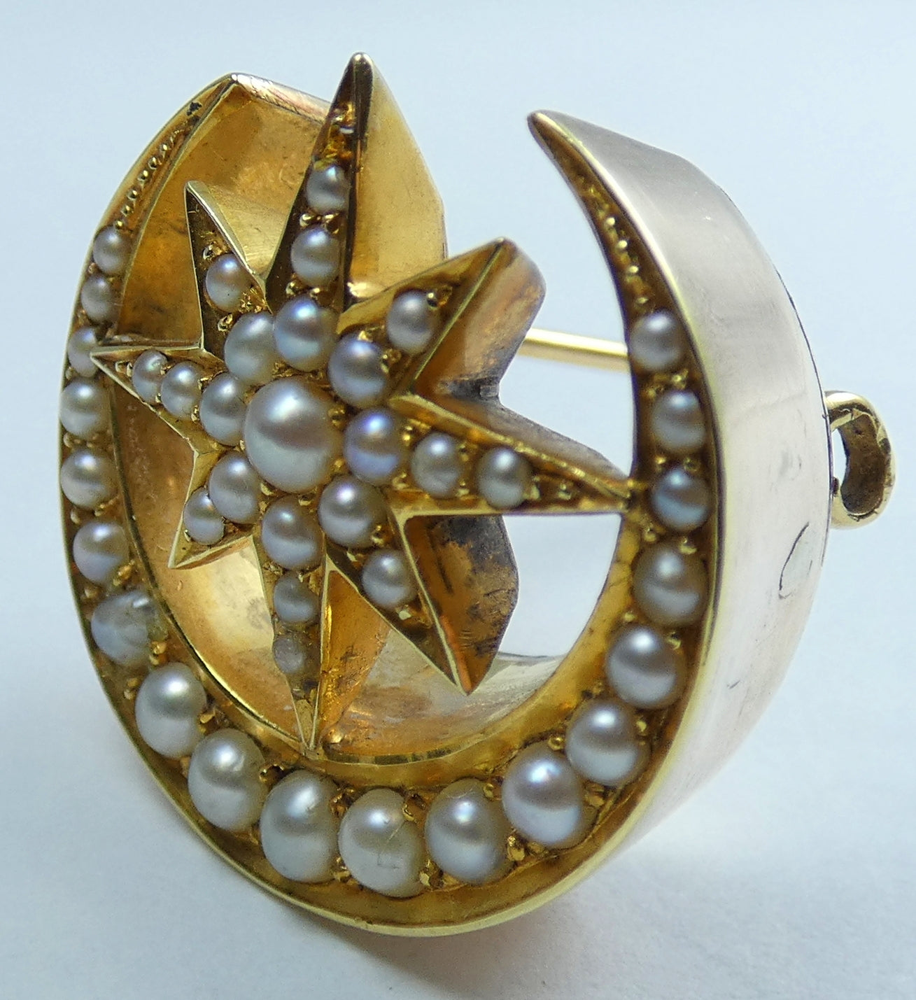 Antique Victorian 1880 Solid 9ct Yellow Gold Pearl Star Crescent Moon Brooch Pin