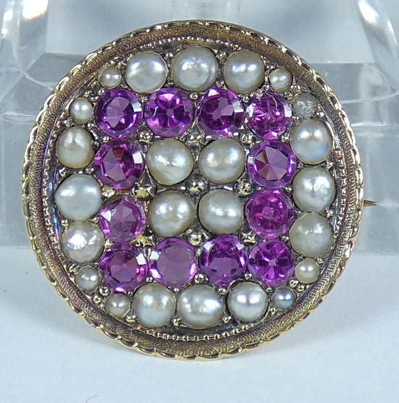Antique Victorian 1890 Solid 15ct Yellow Gold Purple Garnet Pearl Pendant Brooch