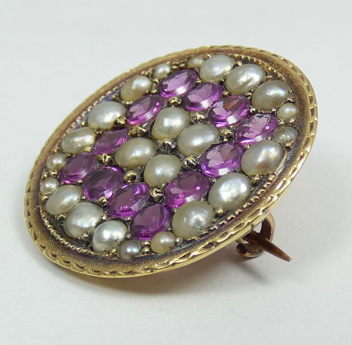 Antique Victorian 1890 Solid 15ct Yellow Gold Purple Garnet Pearl Pendant Brooch