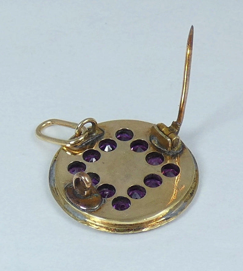 Antique Victorian 1890 Solid 15ct Yellow Gold Purple Garnet Pearl Pendant Brooch