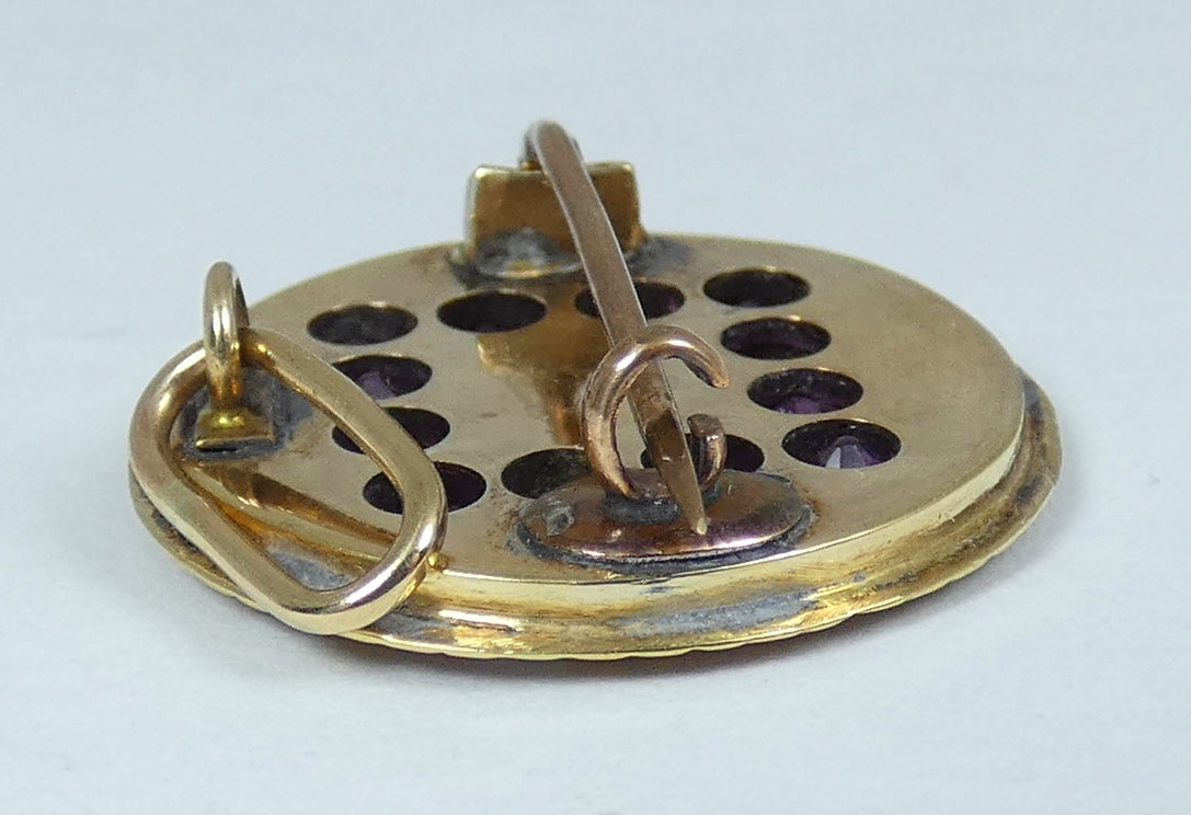 Antique Victorian 1890 Solid 15ct Yellow Gold Purple Garnet Pearl Pendant Brooch