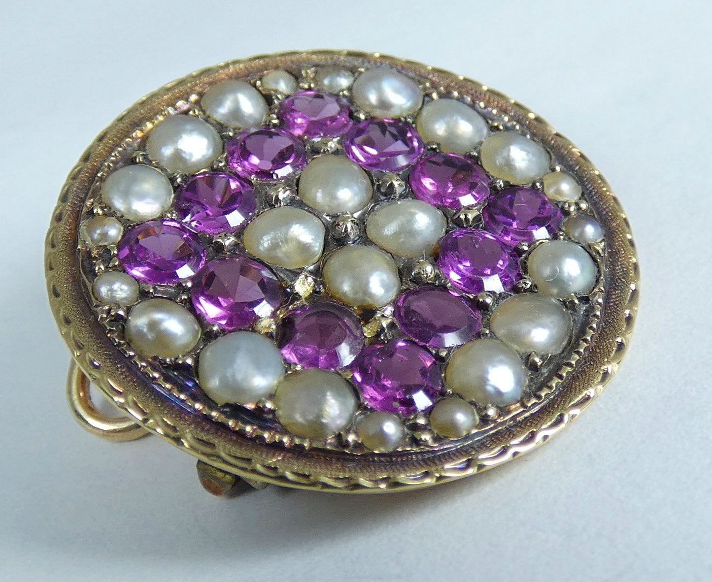 Antique Victorian 1890 Solid 15ct Yellow Gold Purple Garnet Pearl Pendant Brooch