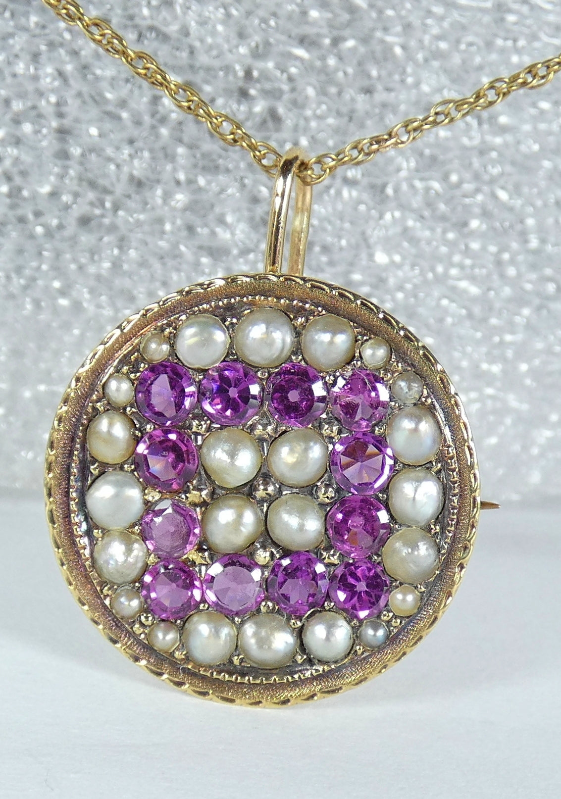 Antique Victorian 1890 Solid 15ct Yellow Gold Purple Garnet Pearl Pendant Brooch