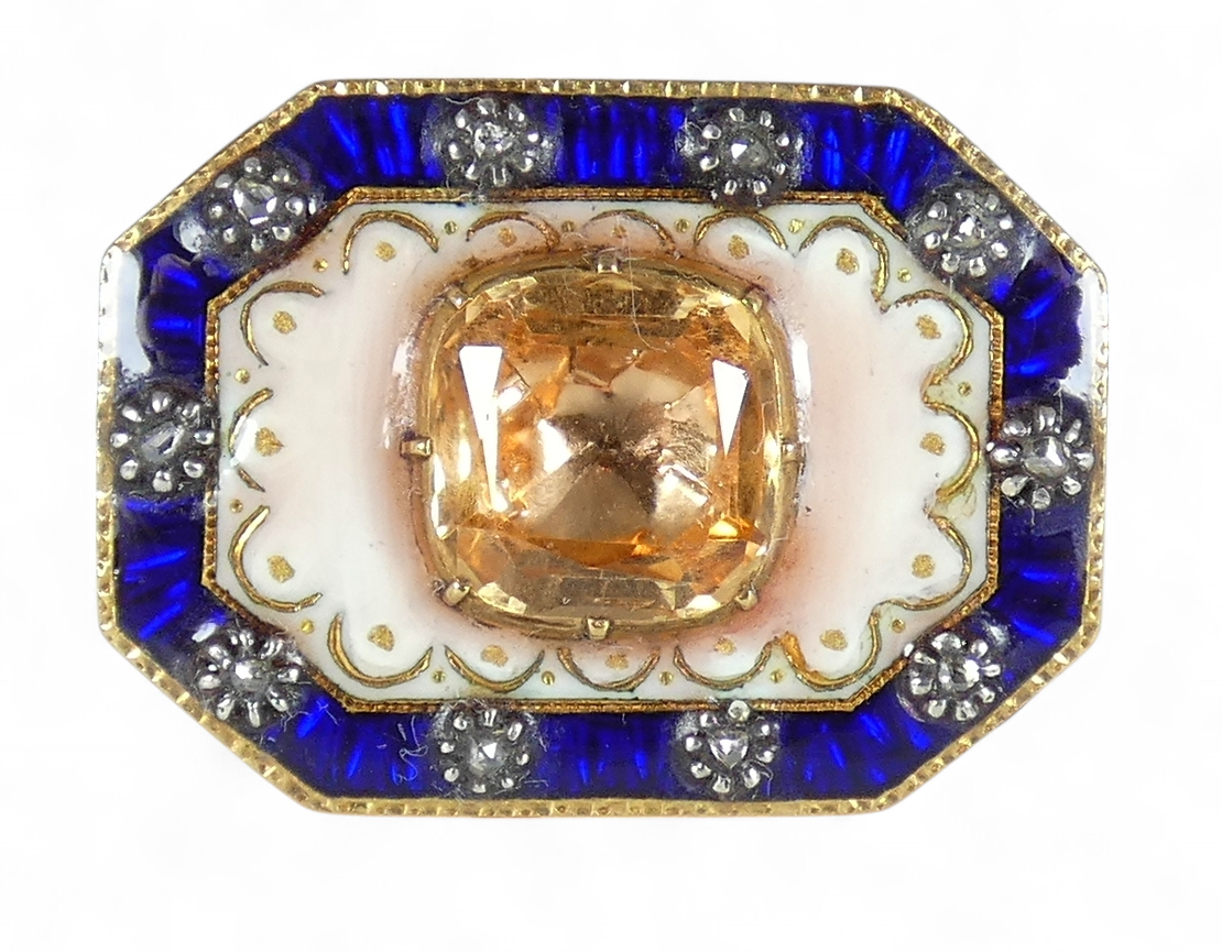 Antique Victorian 1850 Solid 18ct Yellow Gold Topaz & Diamond Enamel Brooch Pin