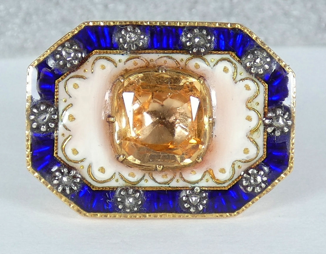Antique Victorian 1850 Solid 18ct Yellow Gold Topaz & Diamond Enamel Brooch Pin