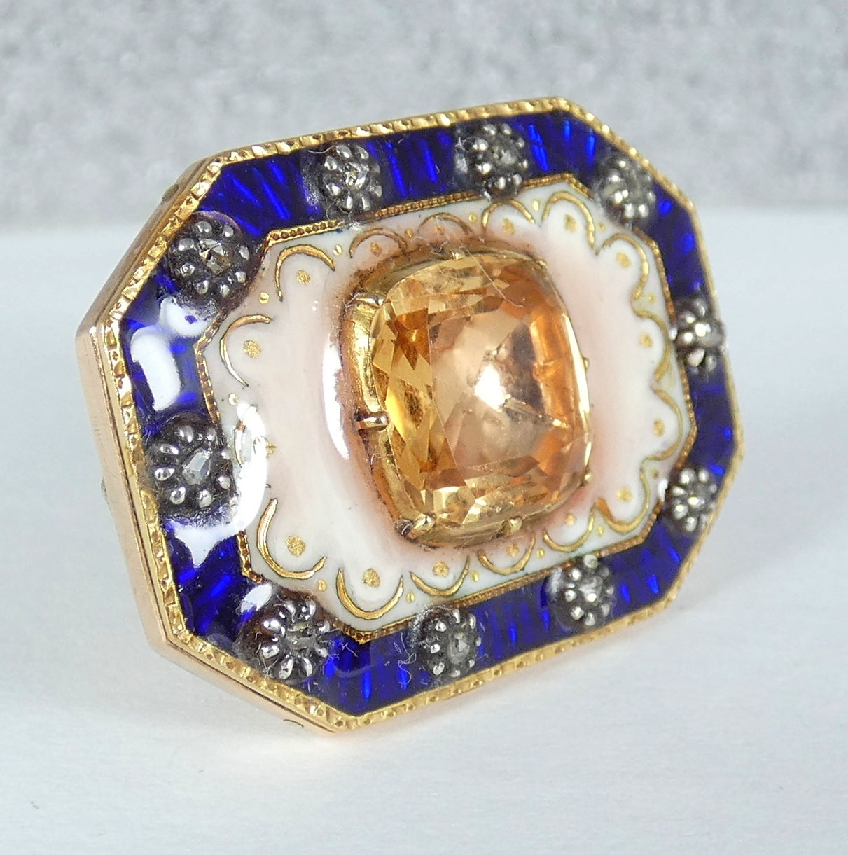 Antique Victorian 1850 Solid 18ct Yellow Gold Topaz & Diamond Enamel Brooch Pin