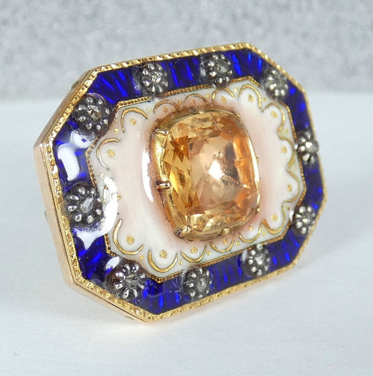 Antique Victorian 1850 Solid 18ct Yellow Gold Topaz & Diamond Enamel Brooch Pin