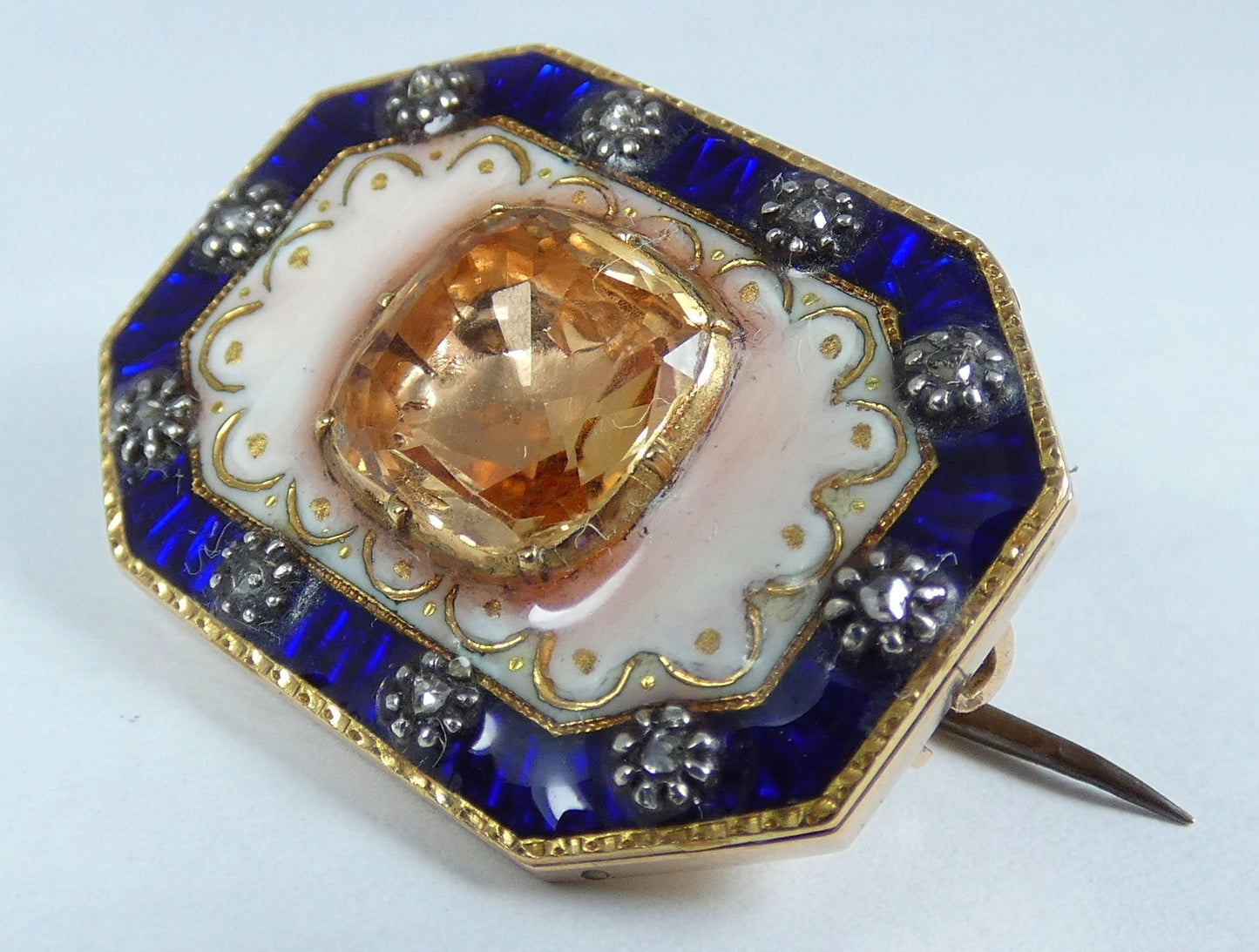 Antique Victorian 1850 Solid 18ct Yellow Gold Topaz & Diamond Enamel Brooch Pin