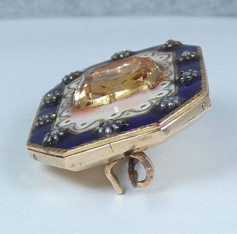 Antique Victorian 1850 Solid 18ct Yellow Gold Topaz & Diamond Enamel Brooch Pin
