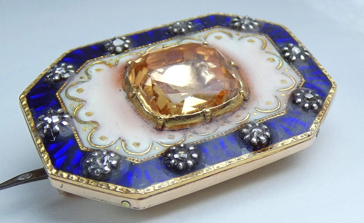 Antique Victorian 1850 Solid 18ct Yellow Gold Topaz & Diamond Enamel Brooch Pin