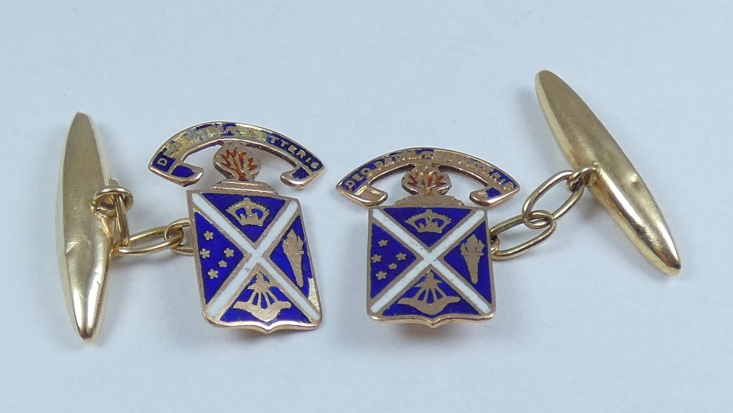 Antique Solid 9ct Yellow Gold Enamel Scotch College Melbourne Cufflinks School