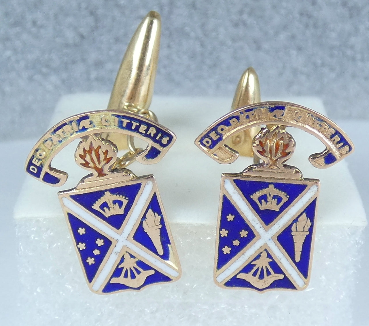 Antique Solid 9ct Yellow Gold Enamel Scotch College Melbourne Cufflinks School