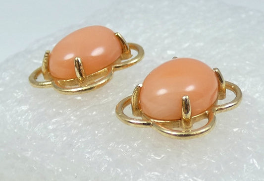 Vintage Solid 14ct Yellow Gold Pair Hawaiian Pink Coral 12mm Stud Earrings Set