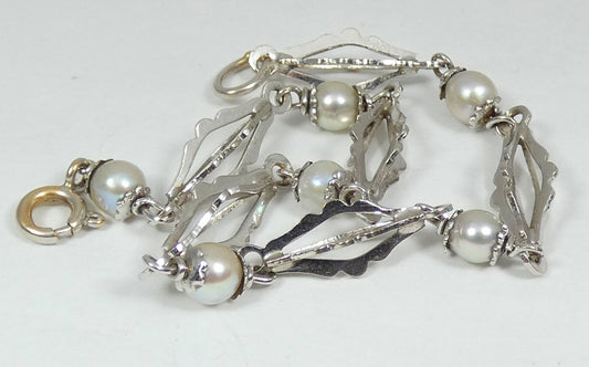Vintage Solid 18ct White Gold 17.5cm 6.5" Natural Pearl Snowflake Chain Bracelet