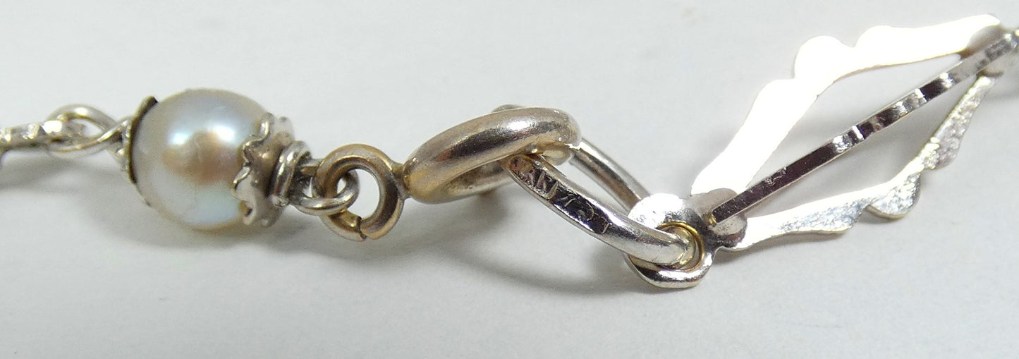 Vintage Solid 18ct White Gold 17.5cm 6.5" Natural Pearl Snowflake Chain Bracelet