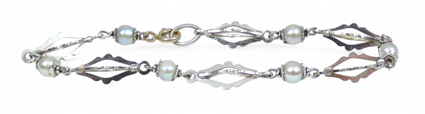 Vintage Solid 18ct White Gold 17.5cm 6.5" Natural Pearl Snowflake Chain Bracelet