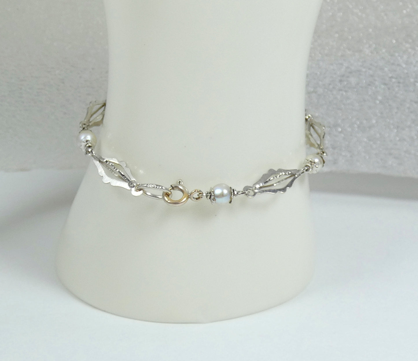 Vintage Solid 18ct White Gold 17.5cm 6.5" Natural Pearl Snowflake Chain Bracelet