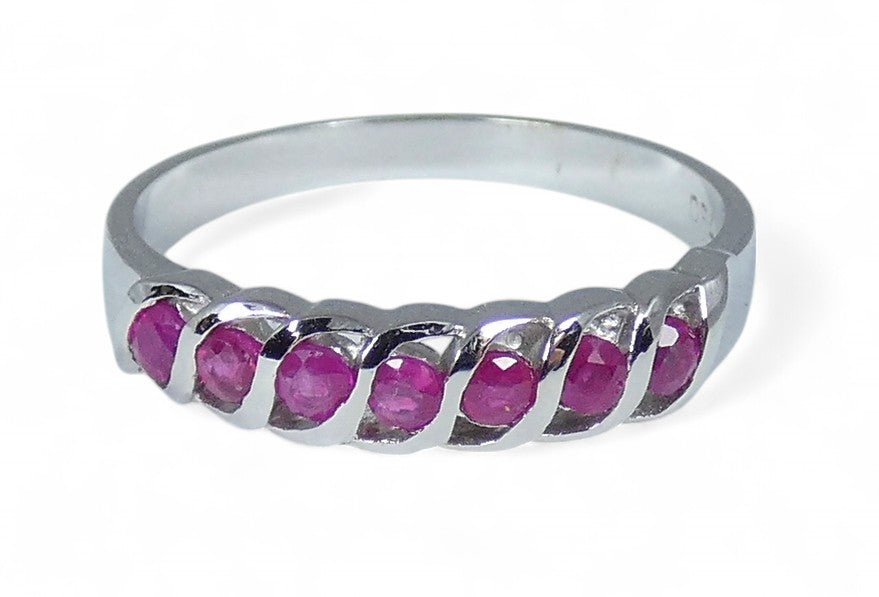 Solid 18ct White Gold & Natural .2ct Ruby Eternity Band Dress Ring Size 5.5 K 50