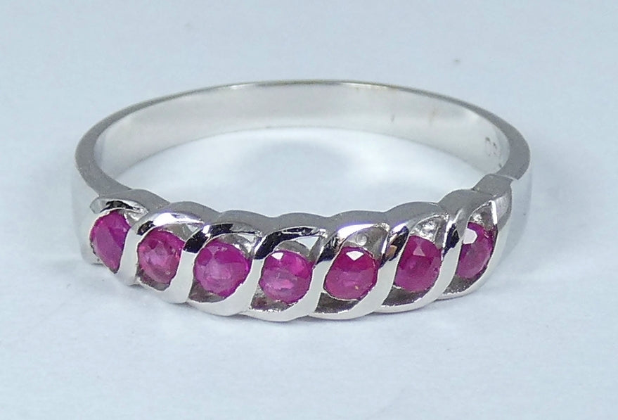 Solid 18ct White Gold & Natural .2ct Ruby Eternity Band Dress Ring Size 5.5 K 50