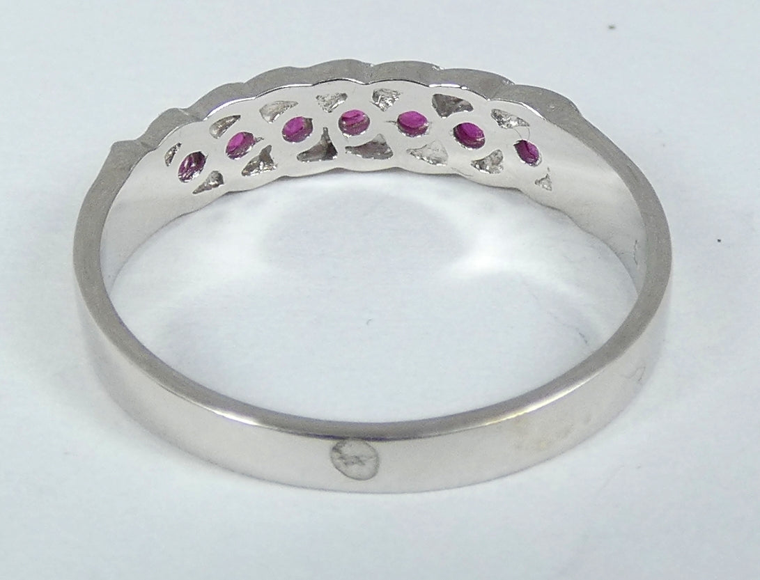 Solid 18ct White Gold & Natural .2ct Ruby Eternity Band Dress Ring Size 5.5 K 50